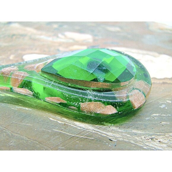 Emerald Green Teardrop Handmade Glass and Stone Fashion Pendant Gold Specks - Picture 5 of 11